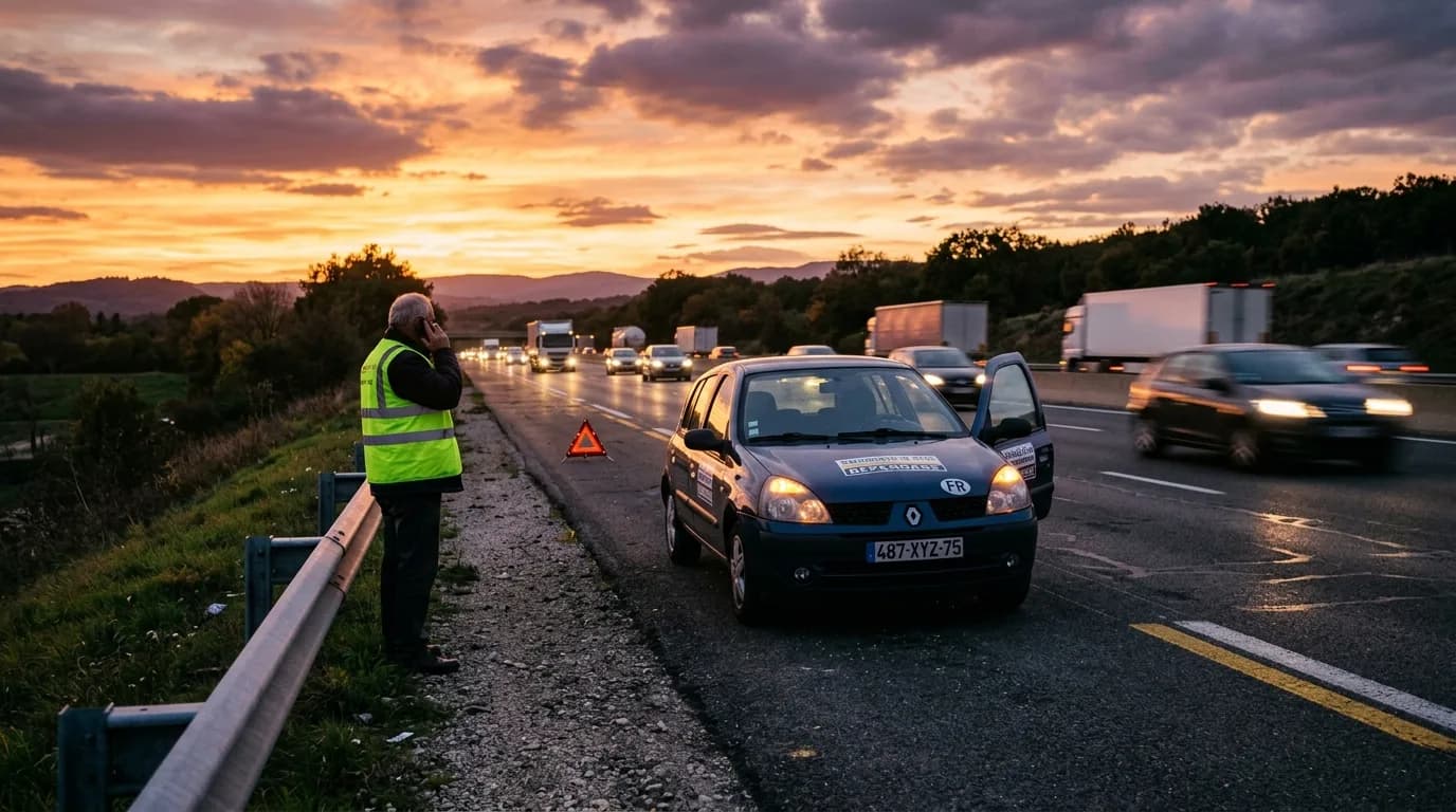 voiture en panne autoroute ile de france gilet jaune triangle